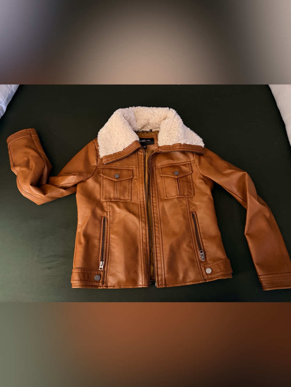 BCBG Paris Brown Faux Leather Bomber Jacket with Sherpa Trim